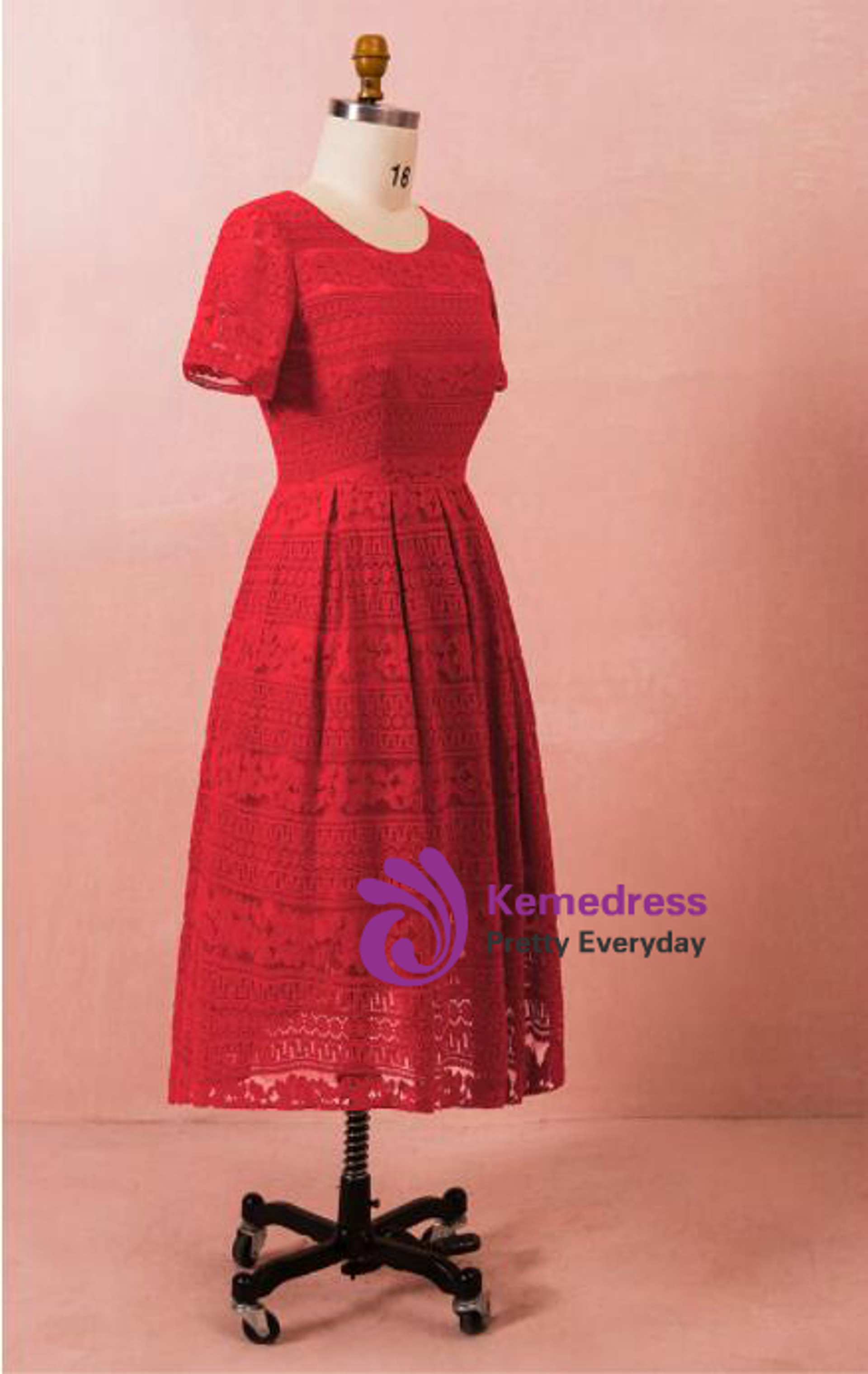 Plus Size Tea Length Red Lace Short Sleeve Prom Dress 7597