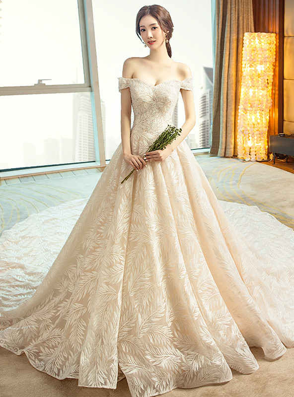 White Tulle Satin Off The Shoulder Backless Wedding Dress