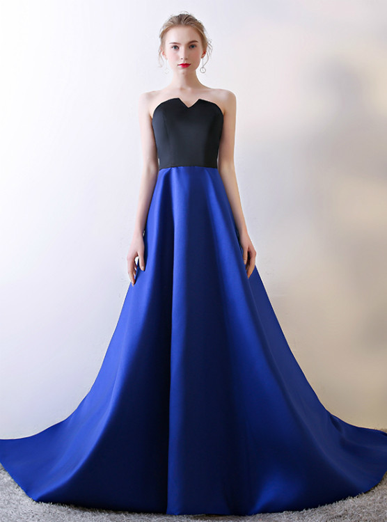 Unique Strapless Light Blue Elastic Satin Irregular Hem Long Prom Dresses VK26010506