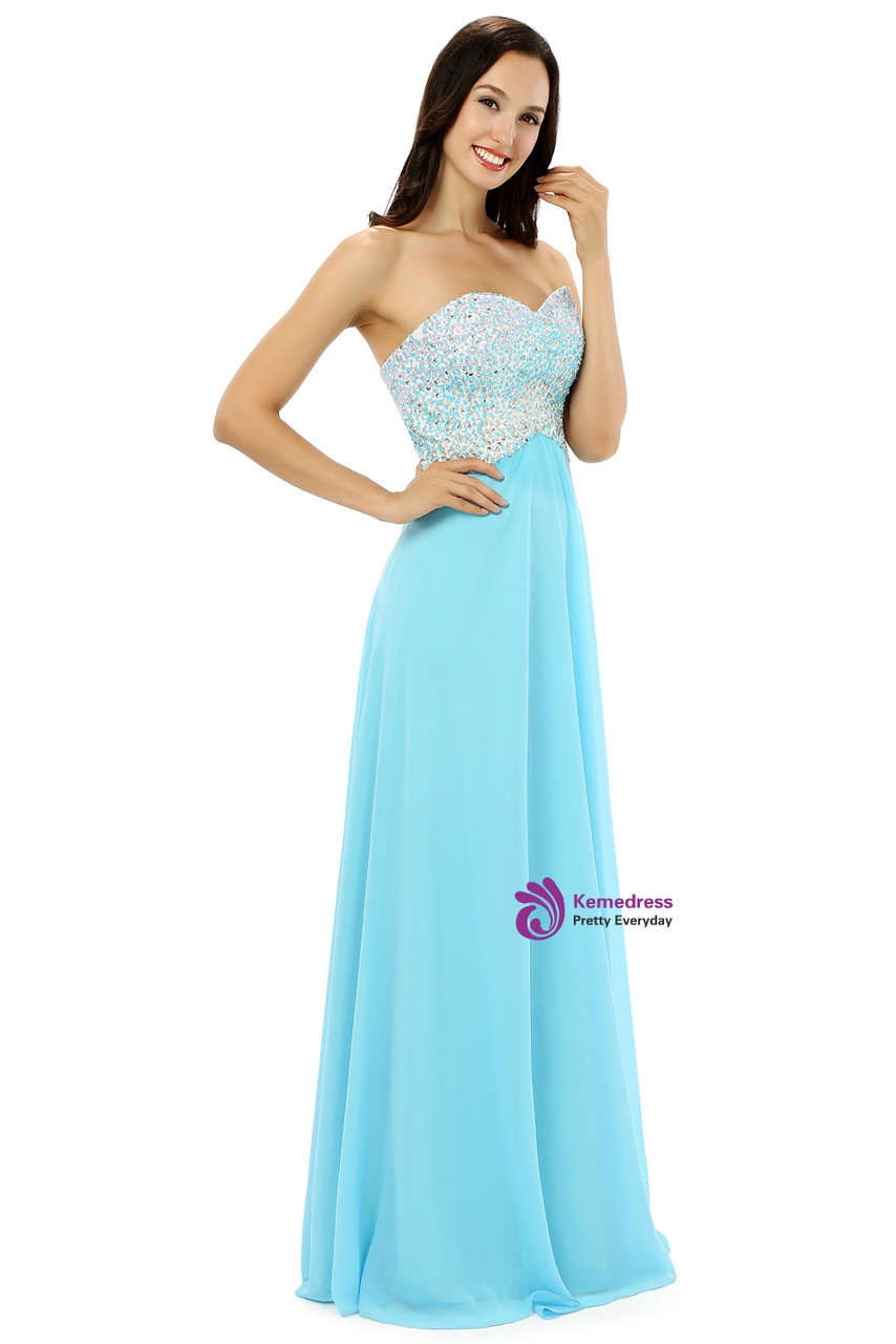 Sweetheart Chiffon Dresses with CASCADE SKIRT Blue