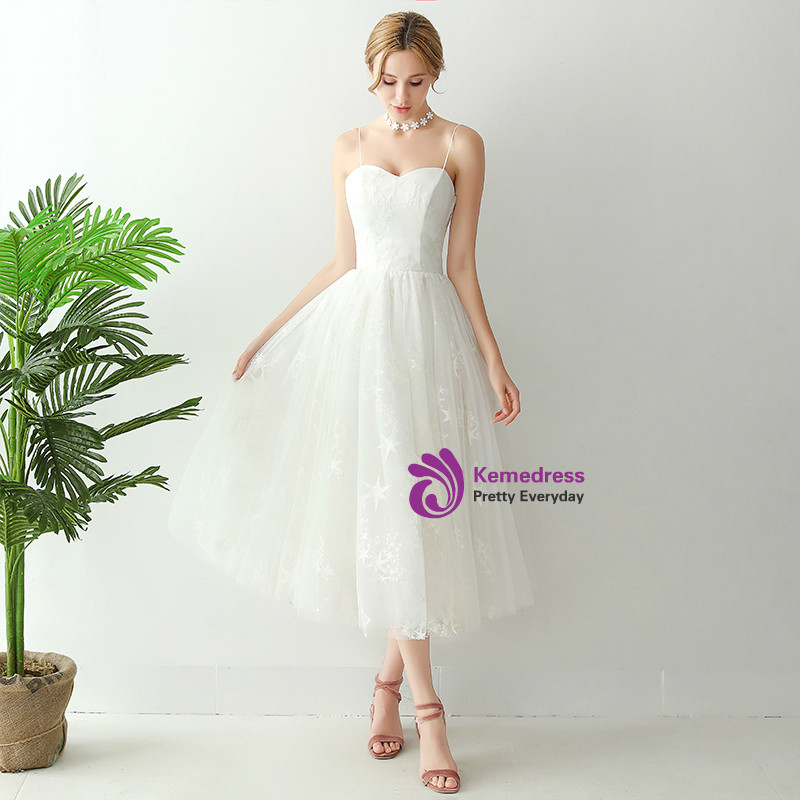 Chic Spaghetti Straps Tulle Tea Length Wedding Guest Dress