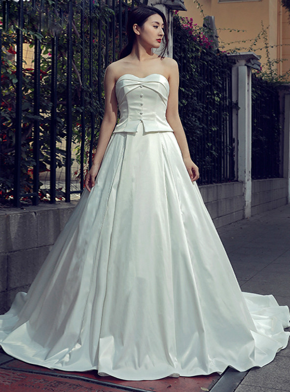 Aesthetic Ball Gown V Neckline Satin White Long Wedding Dresses Brides Dress