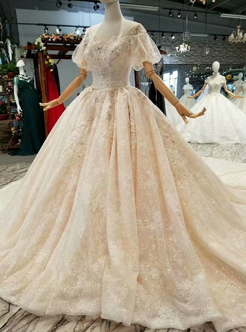 Champagne Two Piece O-neck Sparkling Beaded Crystals Tulle Sweet 16 Dress