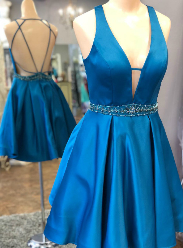 Simple V Neck Blue Satin A-Line Homecoming Dresses VK23090507