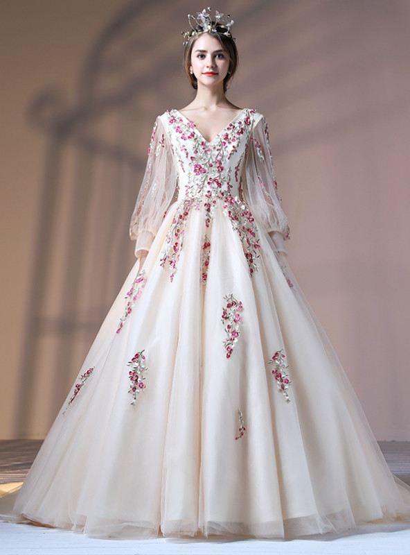 Champagne High Neck Long Sleeves Homecoming Dress with Appliques LBQH0019