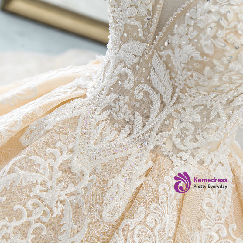Champagne Ball Gown V-neck Backless Tulle Appliques With Beaded Wedding Dress main image 0