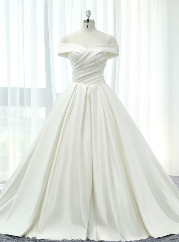 White Satin Off the Shoulder Hand Work Flower Wedding Dress main image 0