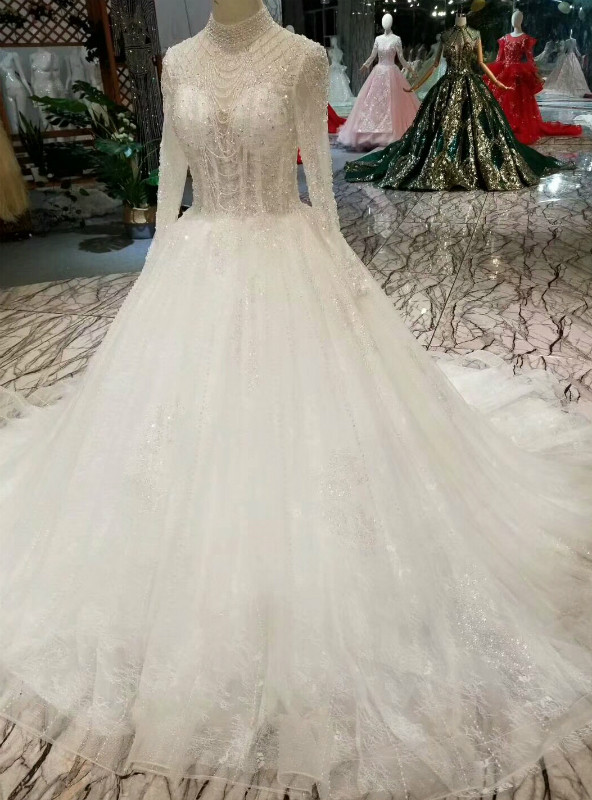 Gray Tulle High Neck Long Sleeve Backless Wedding Dress With Beading
