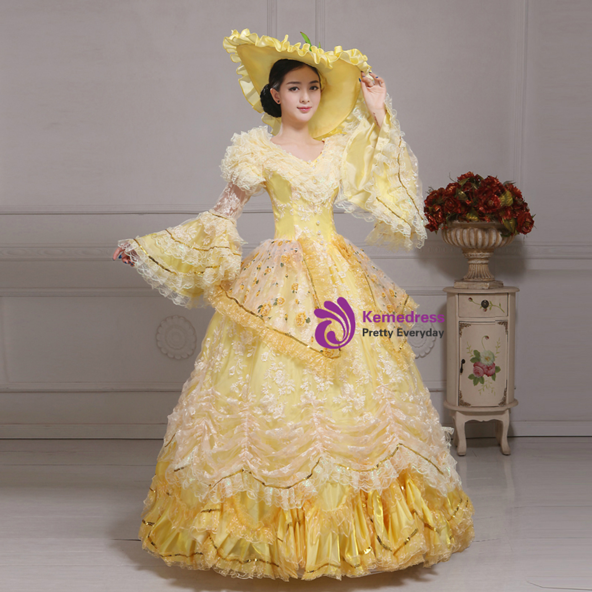 Yellow Ball Gown Lace Puff Sleeve Drama Show Vintage Gown Dress