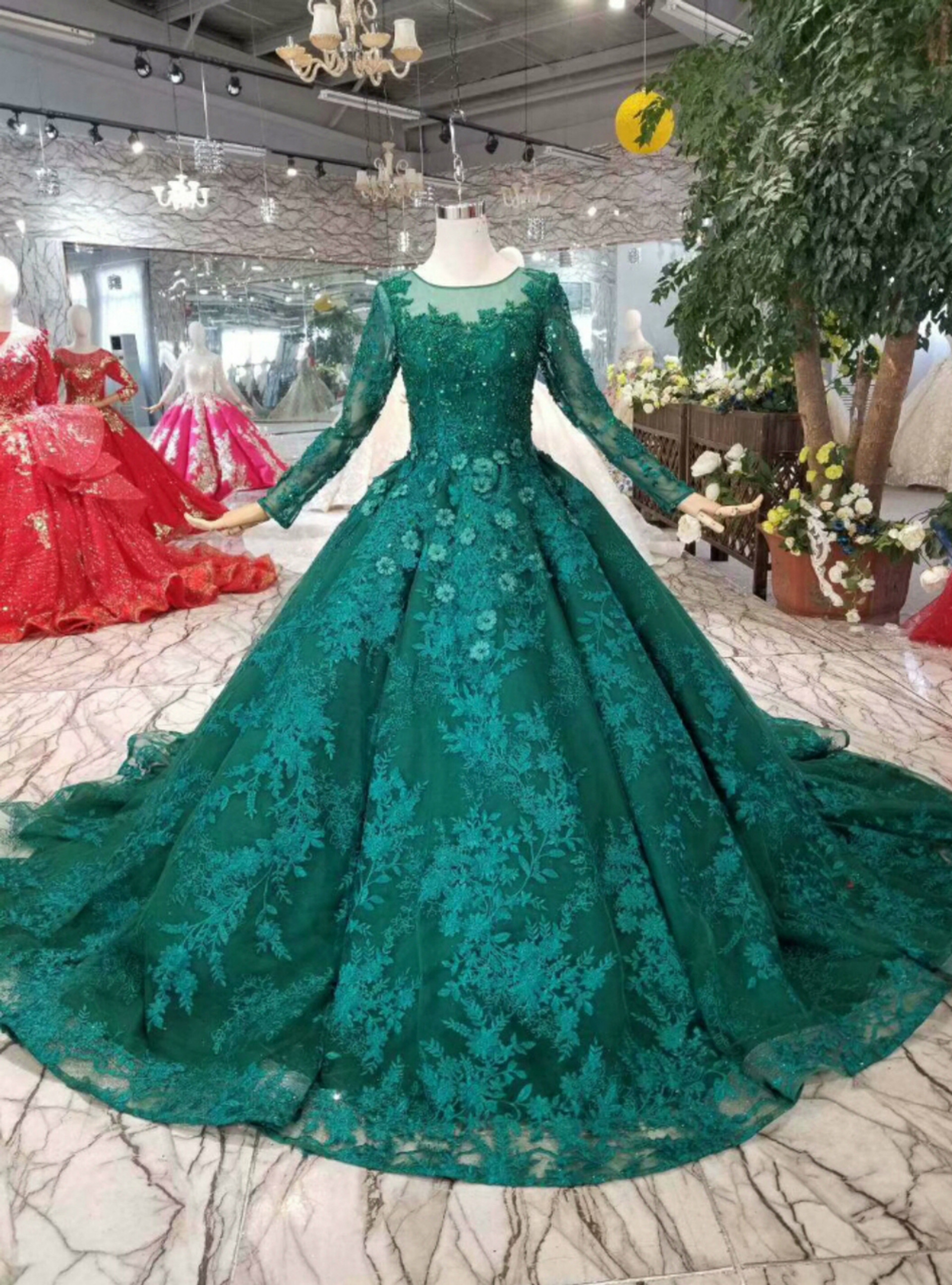 Blue Ball Gown Tulle Lace Appliques Long Sleeve Wedding Dress With Long ...
