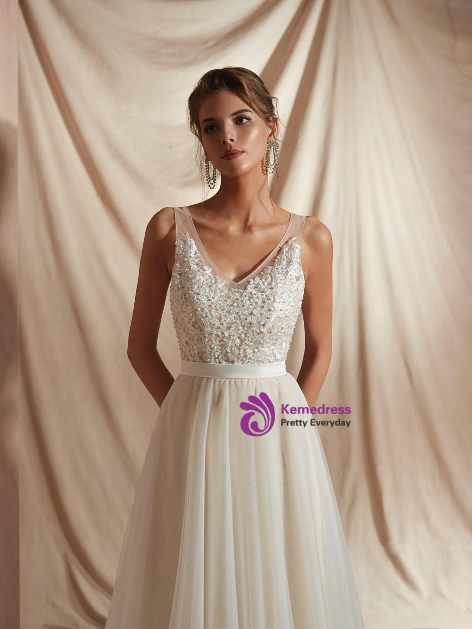 A Line V Neck Flower Ivory Tulle Wedding Dresses LBQW0132 main image 1