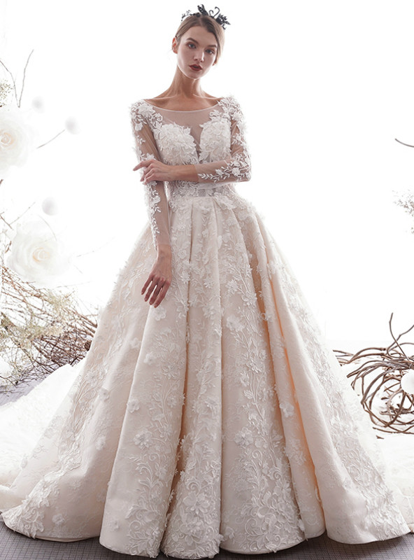 Sleek A-Line Bateau Backless Long Sleeves White Wedding Dresses with Appliques main image 1