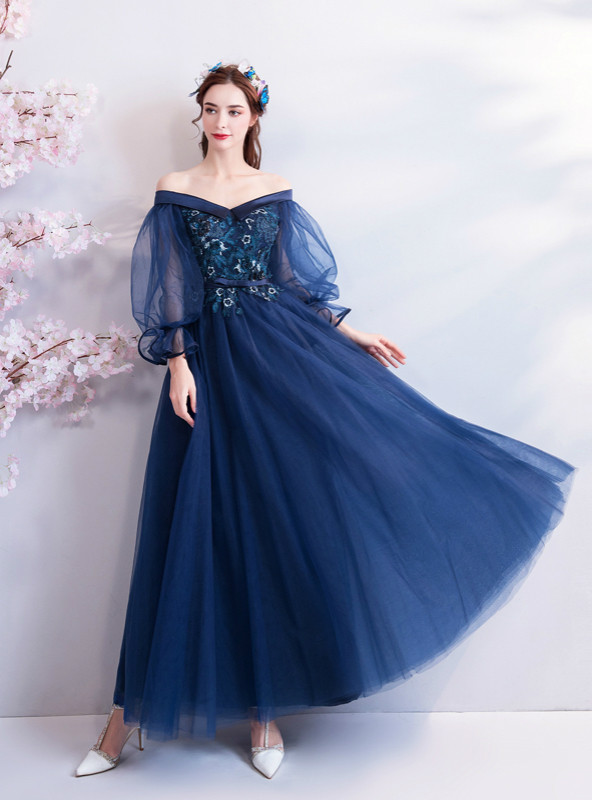 Blue Puff Long Sleeves Sheer Neck Split Prom Dress With Appliques