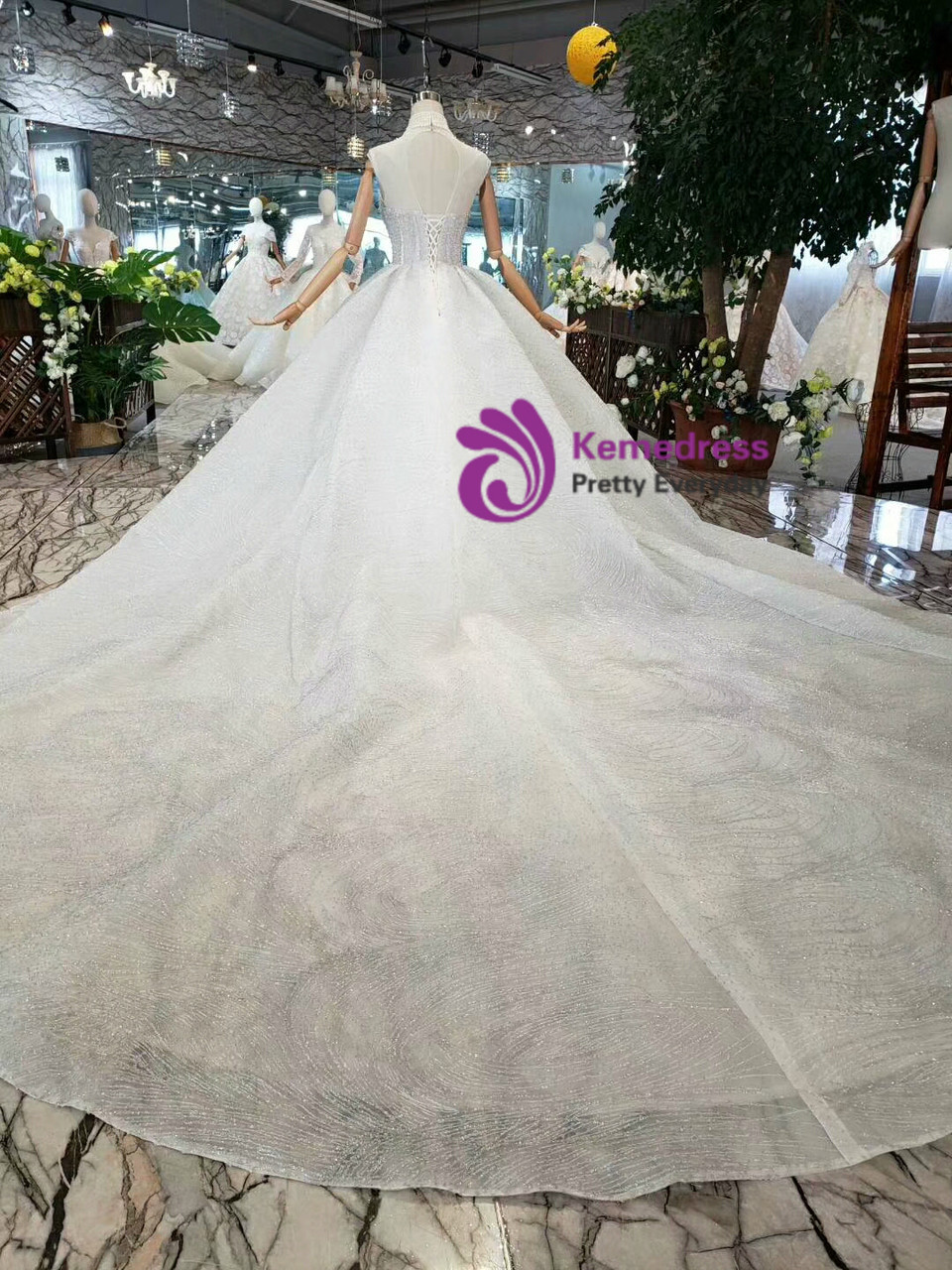 Silver Gray Sequins High Neck Open Back Wedding Dress With Pearls