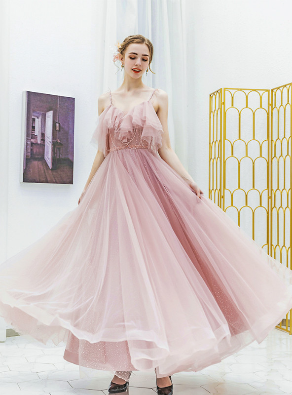 Pink Spaghetti Straps A-Line Tulle Long Party Dress Evening Ball Gown, DP4371