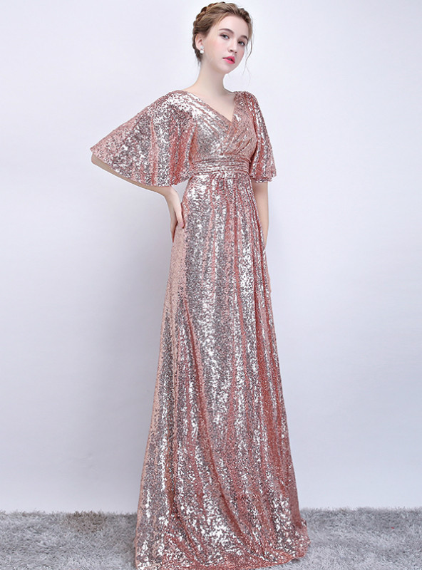 V-neck Sequins Lace Long Dresses Gold Plus Size