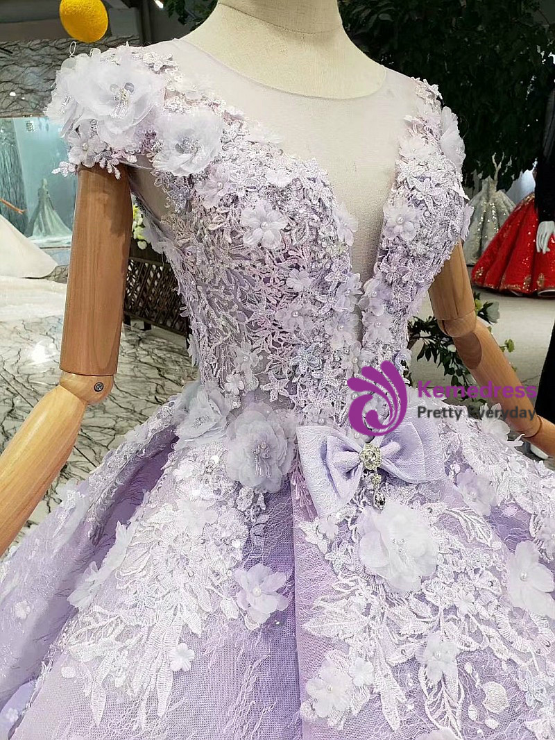 Purple Tulle Ball Dress with Appliques
