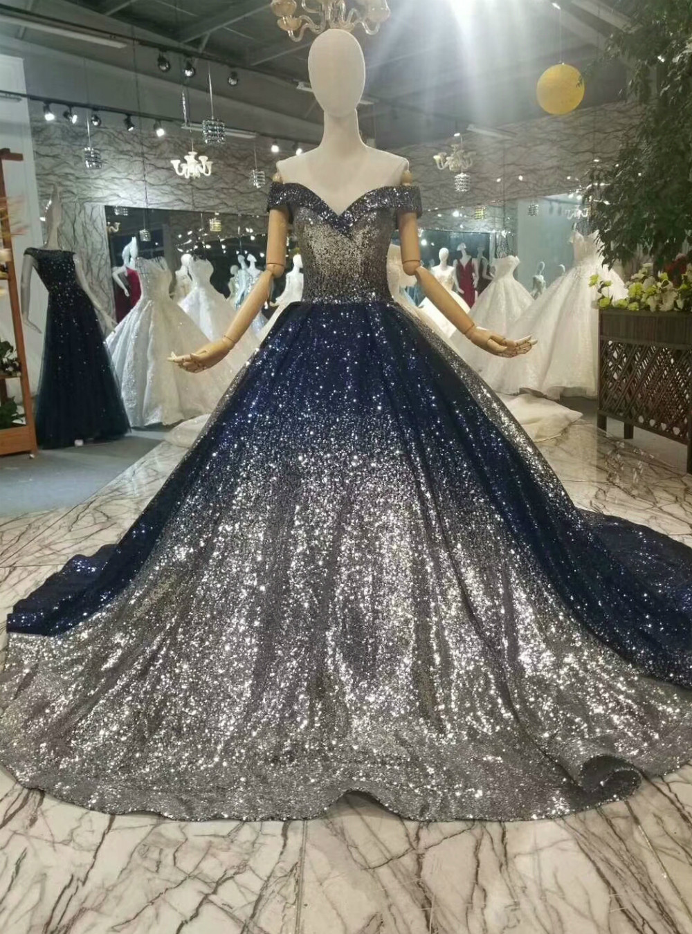 Sequins Lace Dresses with Train Royal Blue