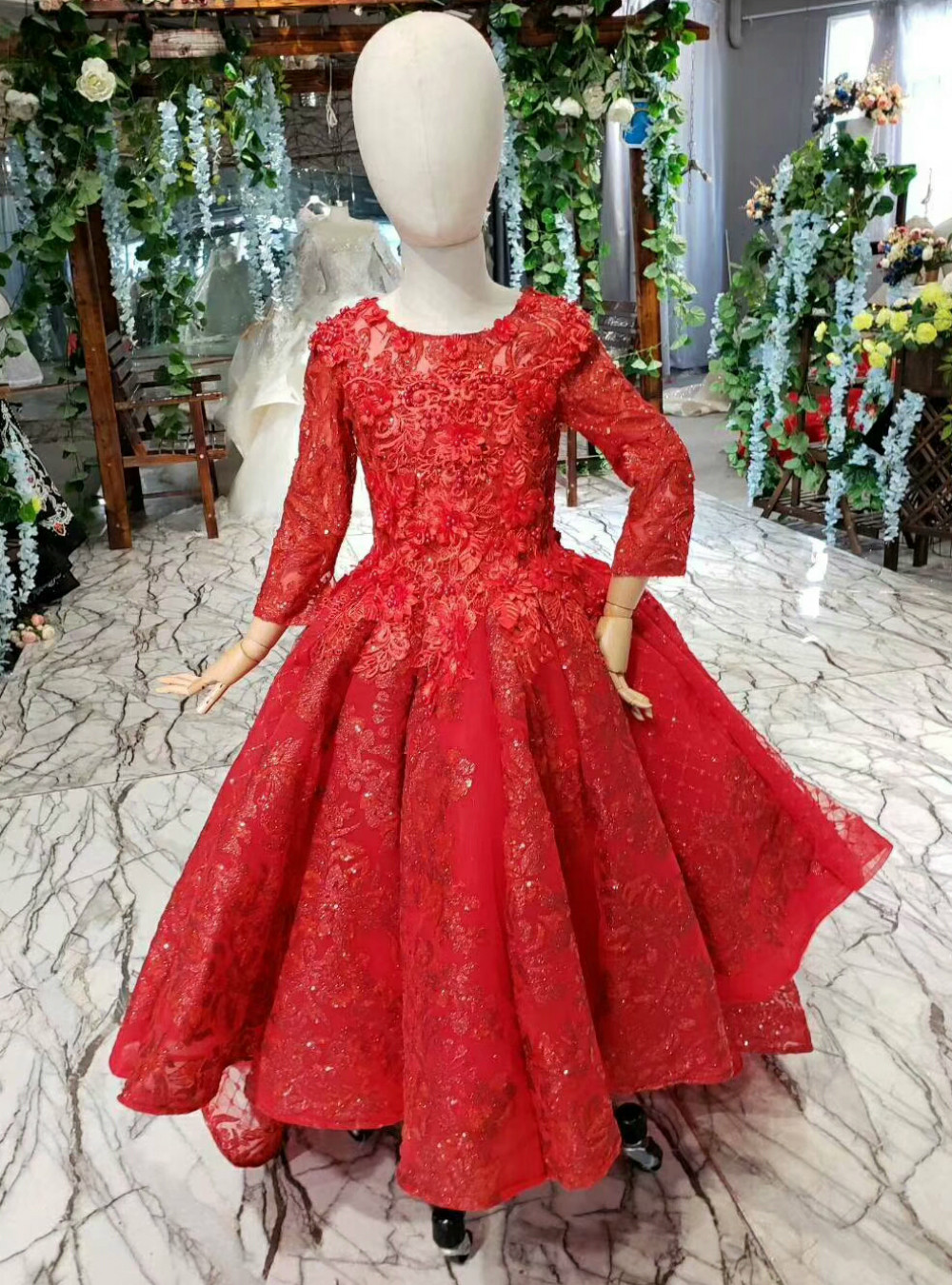 Ball Gown Beaded Round Neck Short Sleeves Flower Girl Dress with Rhinestone Sash