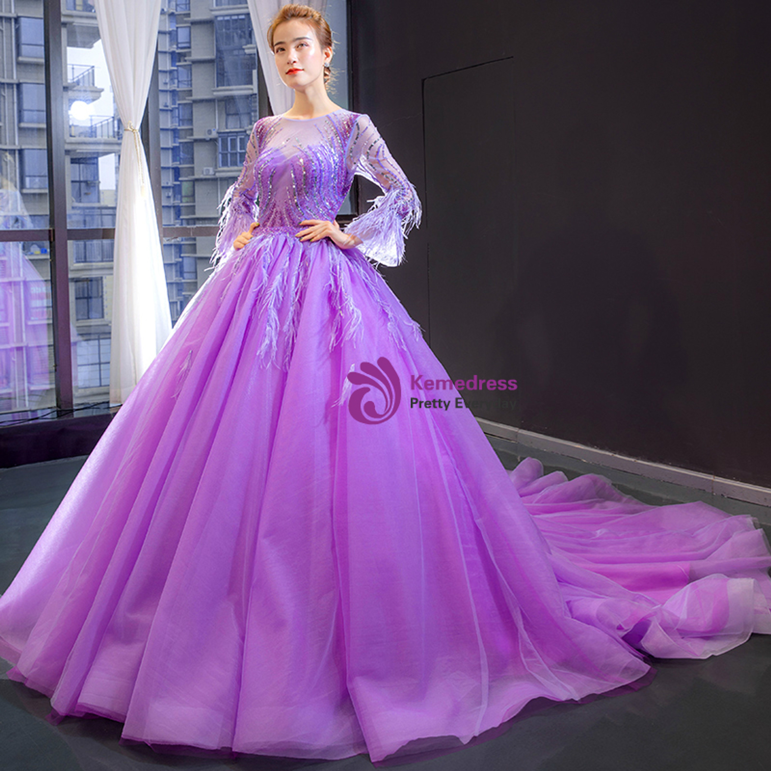 Purple Ball Gown Tulle Long Sleeve Beading Sequins Luxury Prom Dress 