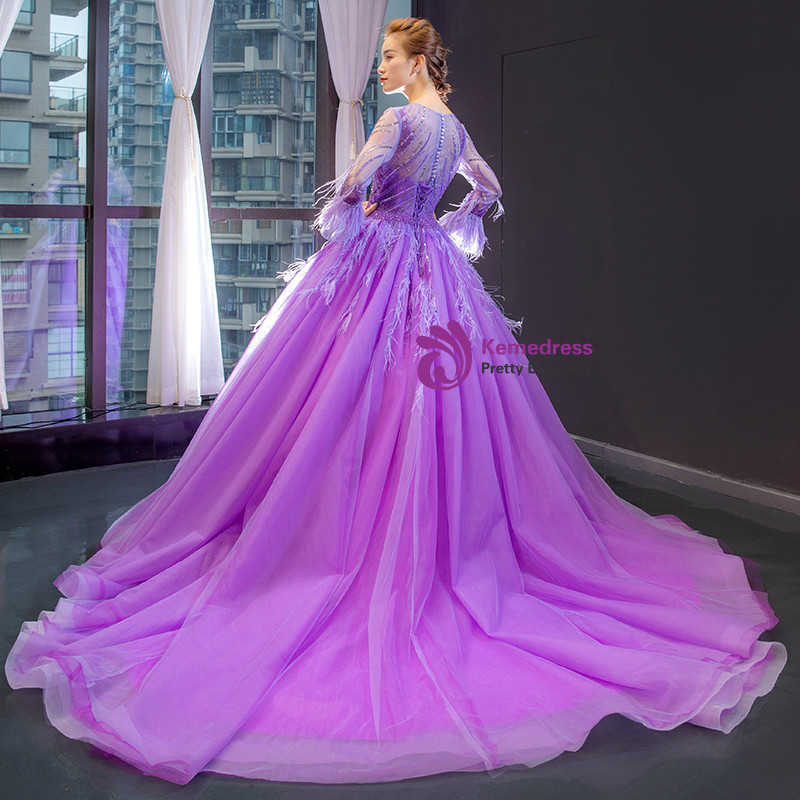 Purple Beaded Tulle Long Ball Dress