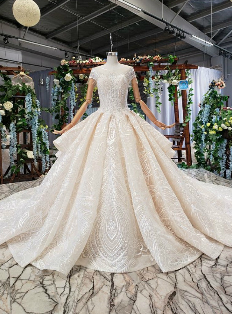 White Tulle Lace Appliques Cap Sleeve Wedding Dress main image 1