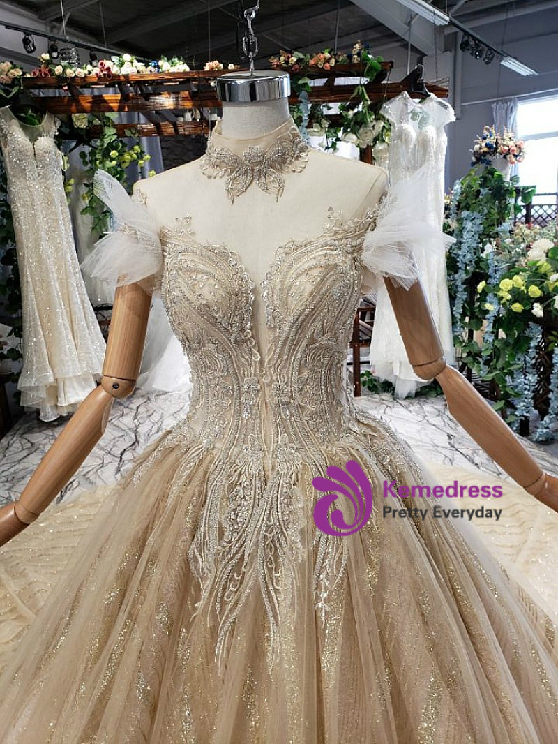 Gold Tulle Sequins High Neck Backless Wedding Dress With Beading