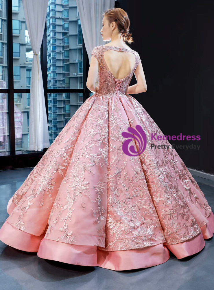 Pink Ball Gown Satin Sequins Cap Sleeve Embroidery Beading Prom Dress main image 0