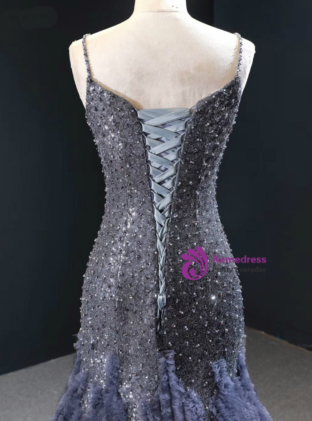Gray Tulle Sequins Spaghetti Straps Evening Prom Dress main image 1