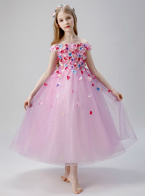 Princess V-Neck Green Puffy Tulle Flower Girl Dress