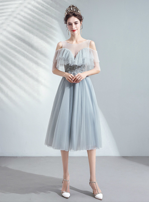 Glitter Off-the-shoulder Appliques Tulle Homecoming Dress LJ0564