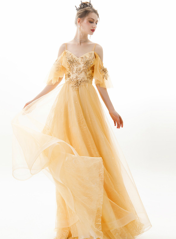 Yellow Dot Tulle Spaghetti Straps Prom Dress With Slit