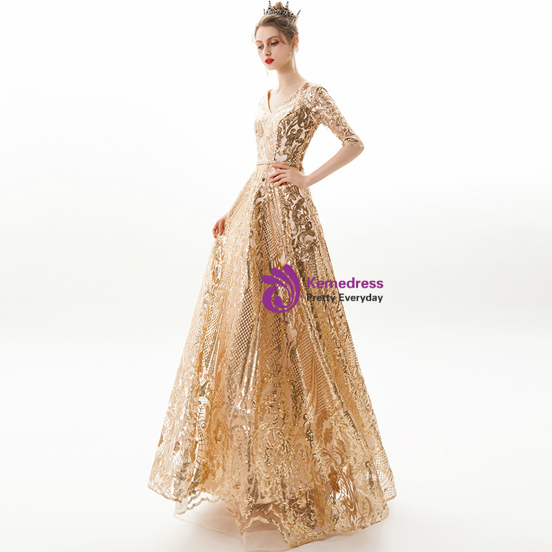 Gold Short A-Line Sequined V-Neck Two Piece Prom Dress main image 1
