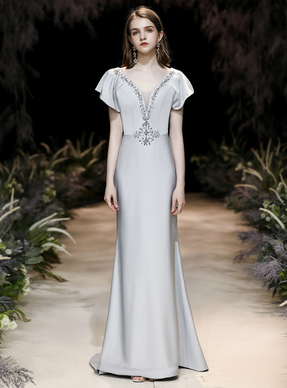 Cute Blue Satin Mermaid Evening Dress Prom Dress  With Flower Y7777 main image 1