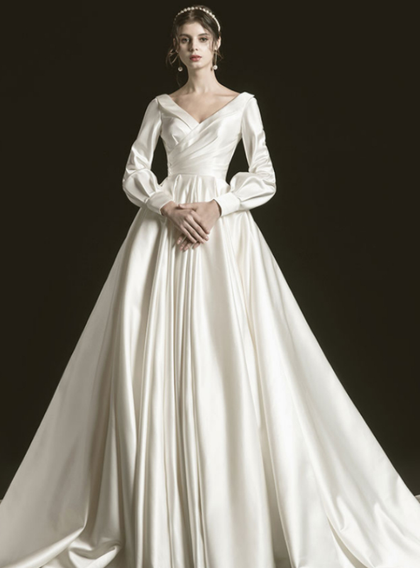 White Satin Bateau Backless Cap Sleeve Wedding Dress main image 0
