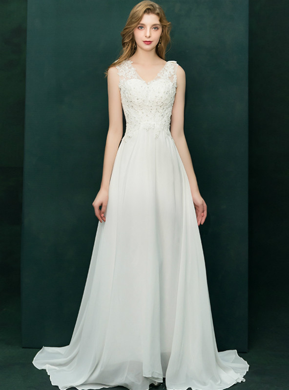 White A-line Sleeveless Lace Applique Beading Above-knee length Chiffon Prom Dresses main image 1