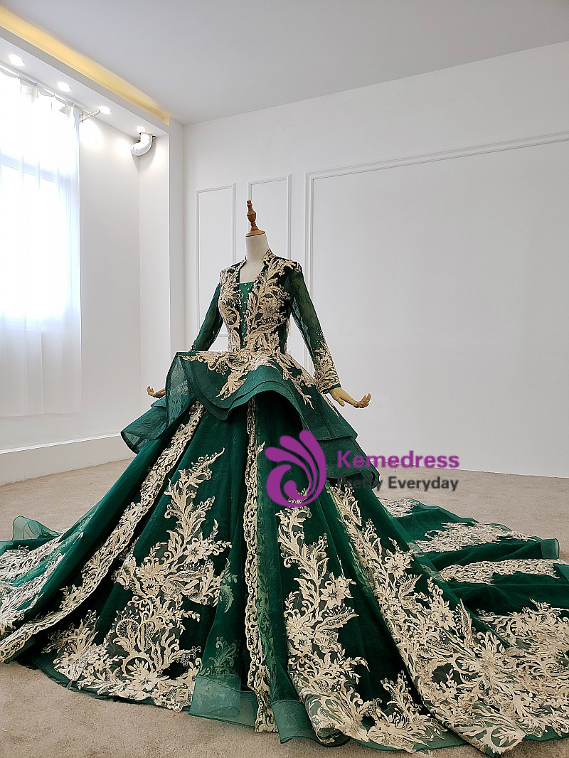 Dark Green Appliques Beaded Flowers Ball Gown Qunice Dresses