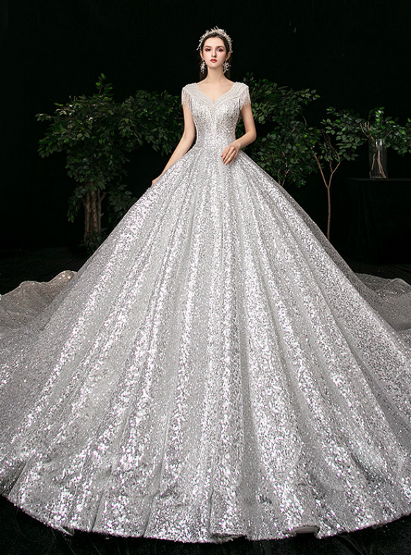 Elegant White Ball Gown Satin V-neck Backless Wedding Dress