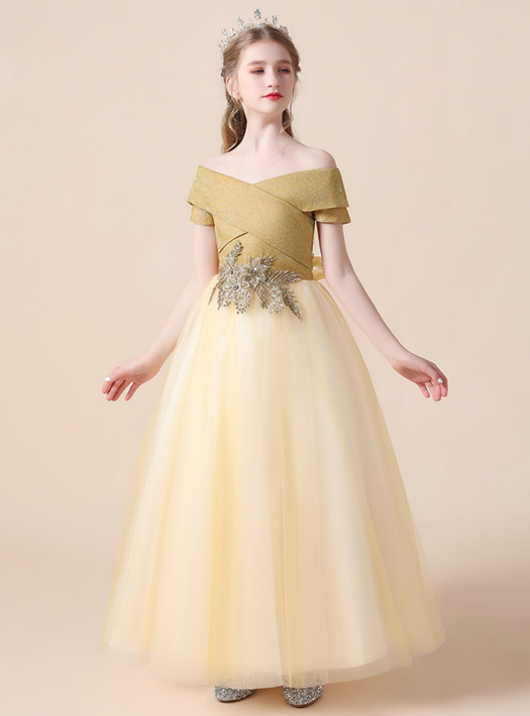 Off-the-shoulder Satin Long Flower Girl Dress with Bow Gold