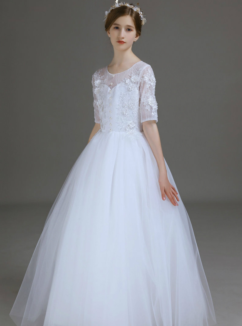 Short Lace Sleeve Round Neck Tulle Flower Girl Dress Cute A-Line Gown with Back Bow & V-Back Detail main image 0