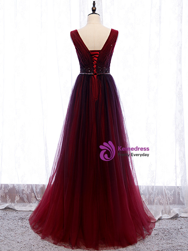 Pleated V-neck Chiffon A-Line Dress With Beading Burgundy main image 1