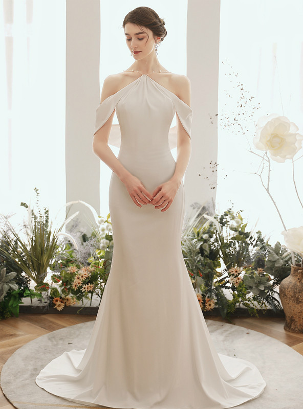 White Mermaid Halter Backless Wedding Dress