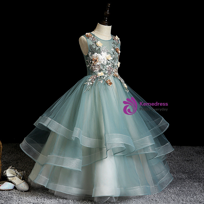 3D Floral Embroidery Fluffy Ball Girls Dress