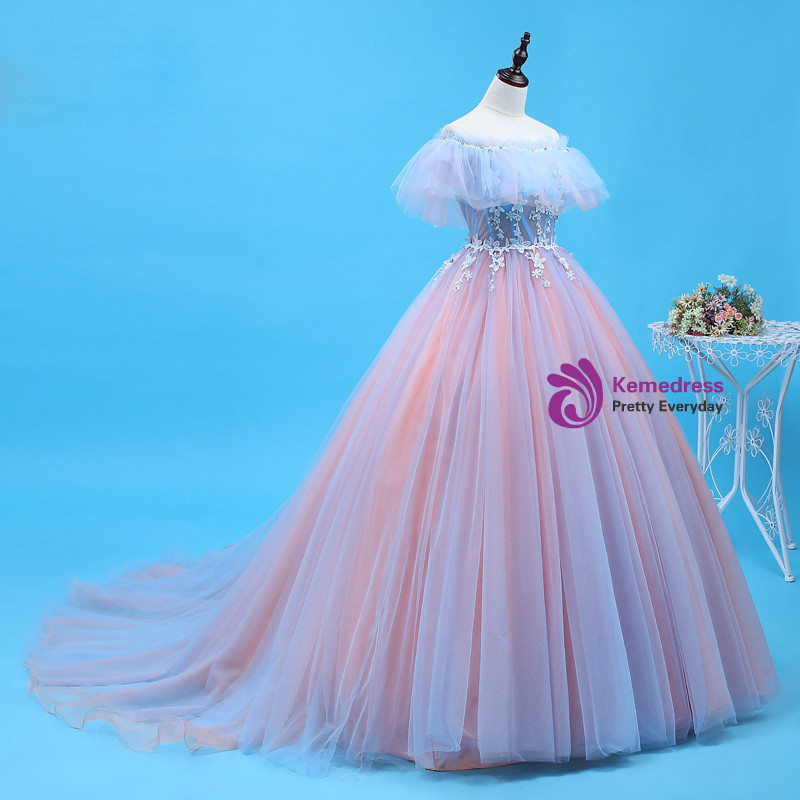 Blue Long Ball Gown Off-the-shoulder Tulle Quinceanera Dress main image 0