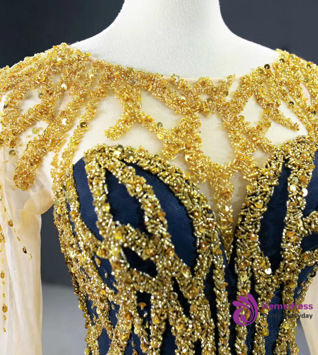 Mermaid Navy Blue Lace Appliques Tulle Long Prom Dress main image 1