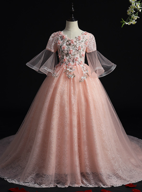 Cute One-Shoulder Light Pink A-line Long Tulle Flower Girl Dress, FGS186