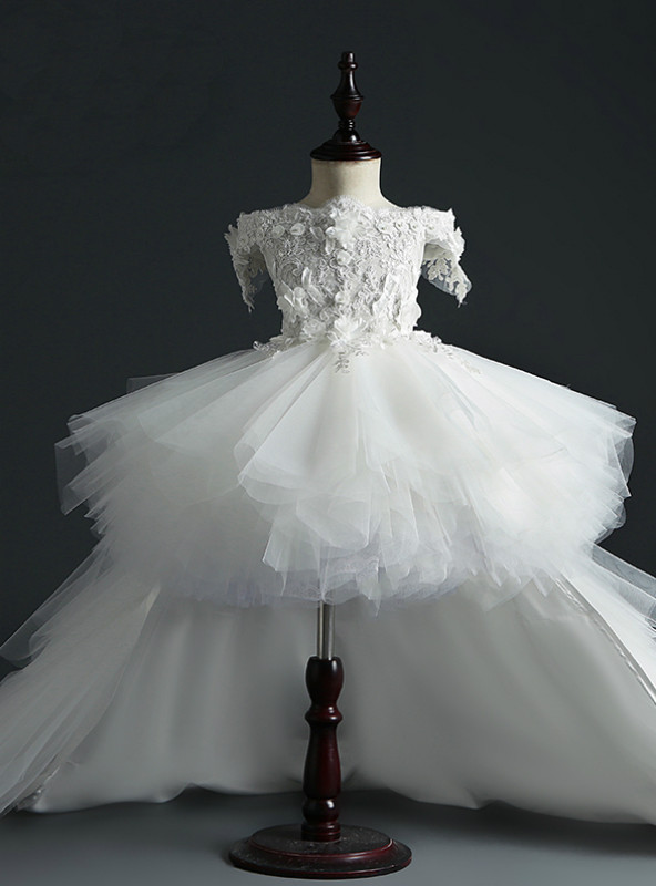 Tiered Tulle V-neck Long Flower Girl Ball Gown Sky Blue