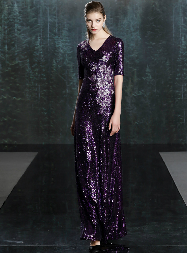 Dark Purple Lace Chiffon Mermaid Mother of the Bride Dress with 3/4 Sleeves main image 0