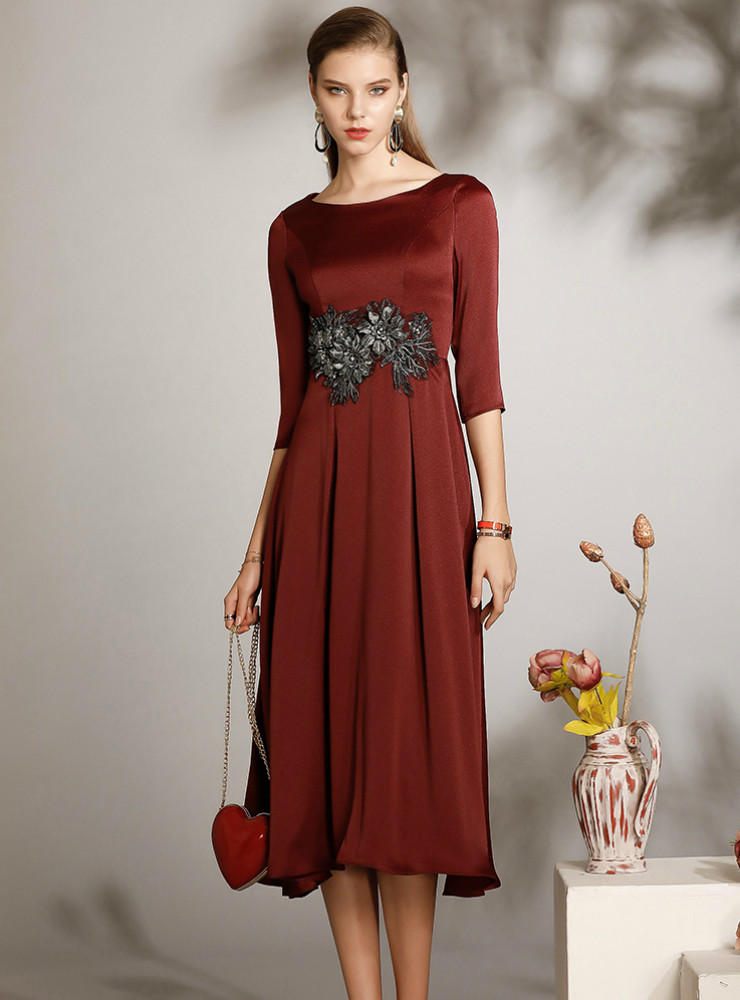 Dark Blue Mother Of Bride Dress A-Line Lace Bodice Satin Mother Of The Bride Dress with Belt main image 1