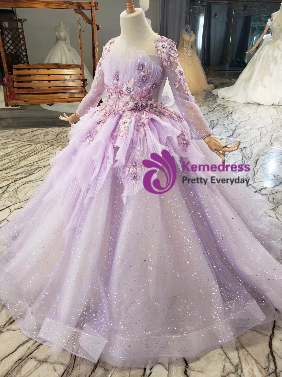 Tulle Ball Gown with Bow Appliques & Paillette for Flower Girl Dresses